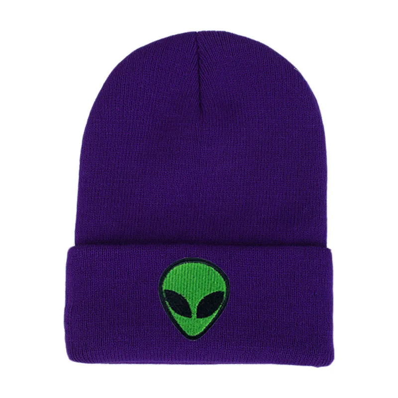 Милая вязаная Зеленая Шапка инопланетянина, Шапка-бини инопланетянина для женщин, Шапка-бини с вышивкой, мужская шапка с вышивкой - Цвет: Фиолетовый