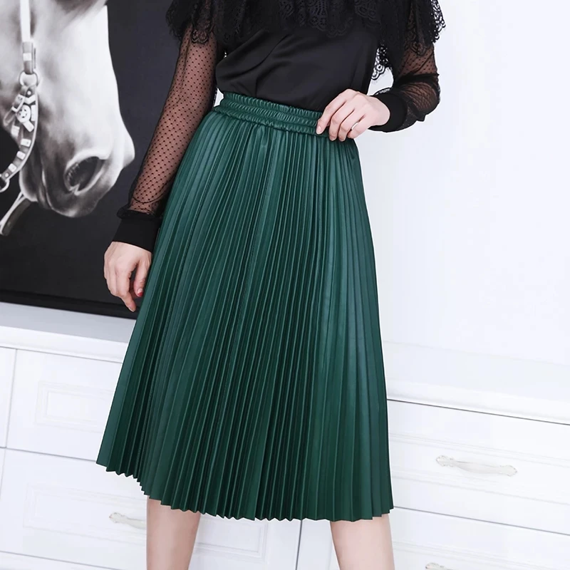 2022 Spring New Women'S Sheepskin Leather Elastic Waist Pleated Mid-Length Skirt E10
