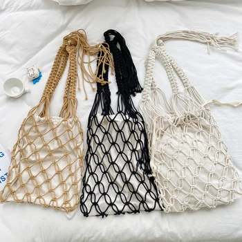 

2020 Summer Cotton Thread Knit Mesh Women Handbag Ladies Net Hollow Bag Female Woven Shoulder Bag Tassels Beach Purse Sets