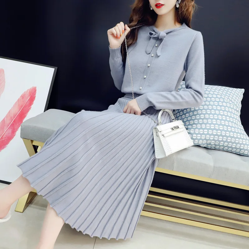 

2019 Autumn Clothing New Style Korean-style Lace-up Sweater with Mid-length Dress-Style Set Fashion Korean-style Two-Piece Set