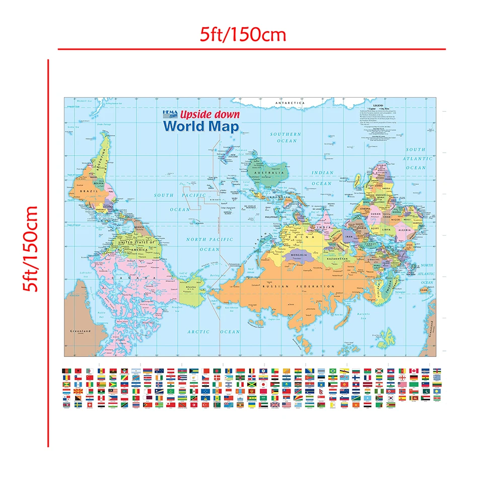 Нетканый виниловый спрей карта 150x150 см вверх дном карта мира с национальным флагом для культуры и образования