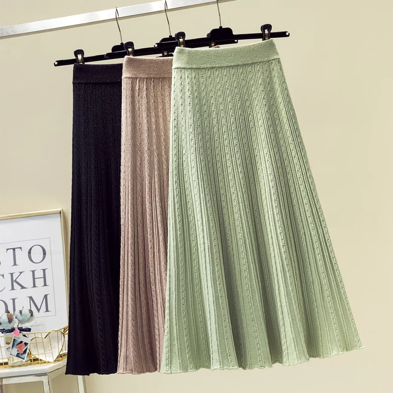 Новая женская одежда, сердцевина-Обернутая пряжа, Корейская версия, с высокой талией, трикотажная шерстяная плиссированная юбка, юбка средней длины