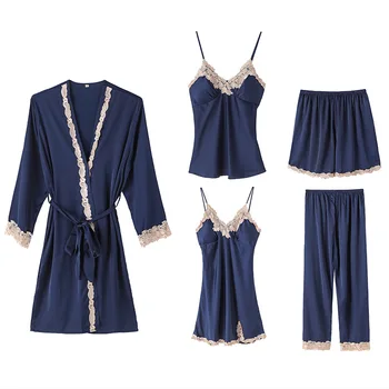 

Robe Sets 5 Pieces Robe+Nightdress+Top+Shorts Silk Satin Bathrobe Set Summer Sleepwear Lace Nightwear Set For Women Pijama Mujer