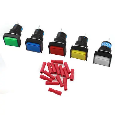 

5Pcs AC250V 5A 16mm SPDT Momentary Pushbutton Switch + 15pcs Crimp Terminals