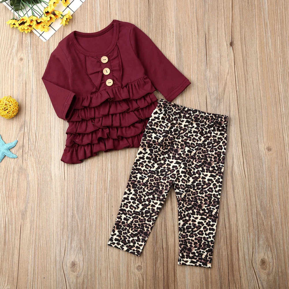 Модная одежда для маленьких девочек; топ с оборками; платье+ леопардовые леггинсы; штаны; комплект детской одежды; Одежда для маленьких девочек; Одежда для новорожденных
