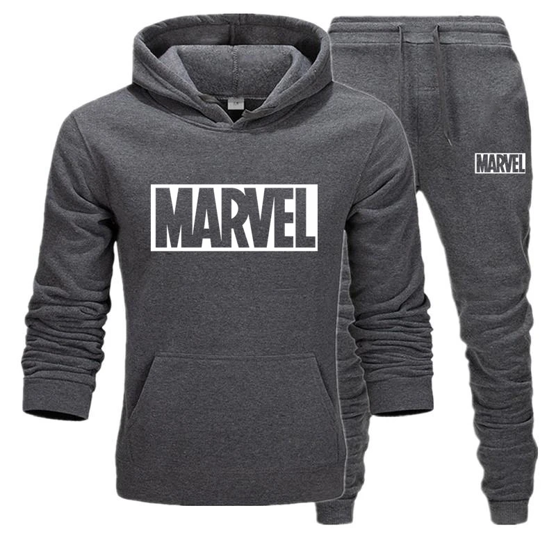 dark gray sets Осенний брендовый мужской спортивный костюм с длинным рукавом, спортивный костюм с надписью MARVEL, модные мужские толстовки с капюшоном+ штаны, комплекты повседневной спортивной одежды - Цвет: dark gray sets