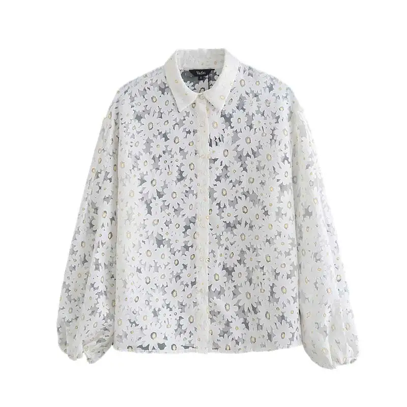 Vadim Женская белая блузка с цветочным рисунком, отложной воротник, фонарь, рубашка с длинным рукавом, женский элегантный шикарный топ, blusas LB386 - Цвет: as picture