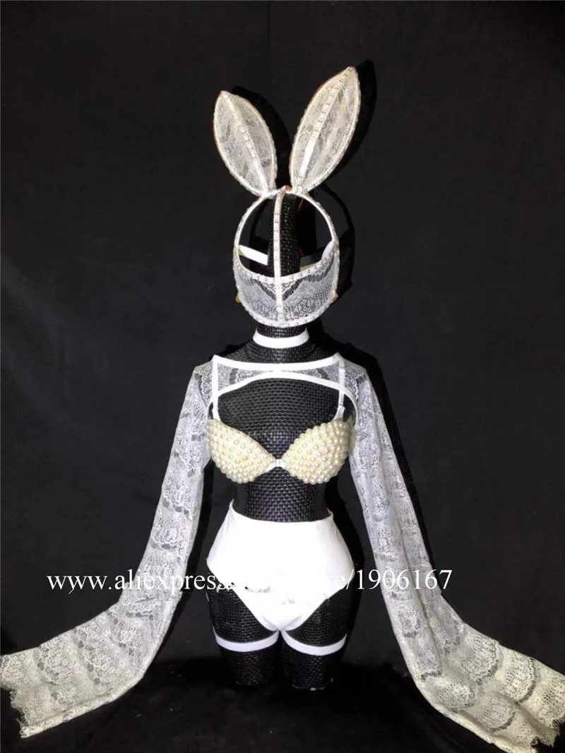 Nightclub bar female singer guest dance team LED lace rabbit pearl suit costume09