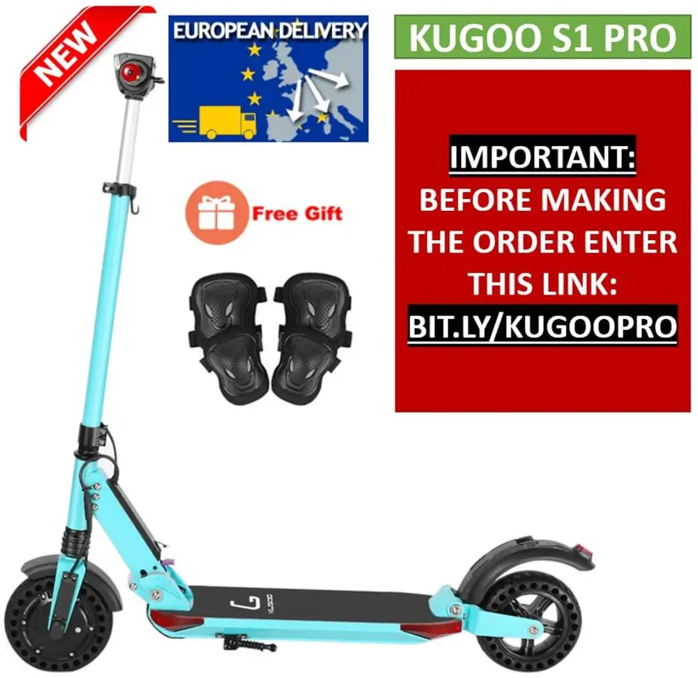 Складной электрический скутер KUGOO S1 PRO 7.5AH 350W с ЖК-дисплеем, 3 скоростных режима, 8 дюймов, прочная сотовая Взрывозащищенная шина - Цвет: Blue Add Knee pads