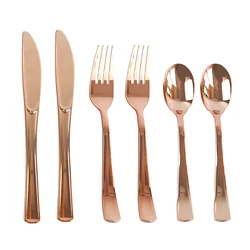 Juego de cubiertos desechables de oro rosa, cuchillo de plástico, tenedor, cuchara, cubiertos, suministros de decoración para fiesta, boda, evento, cumpleaños, 10 15 Uds.