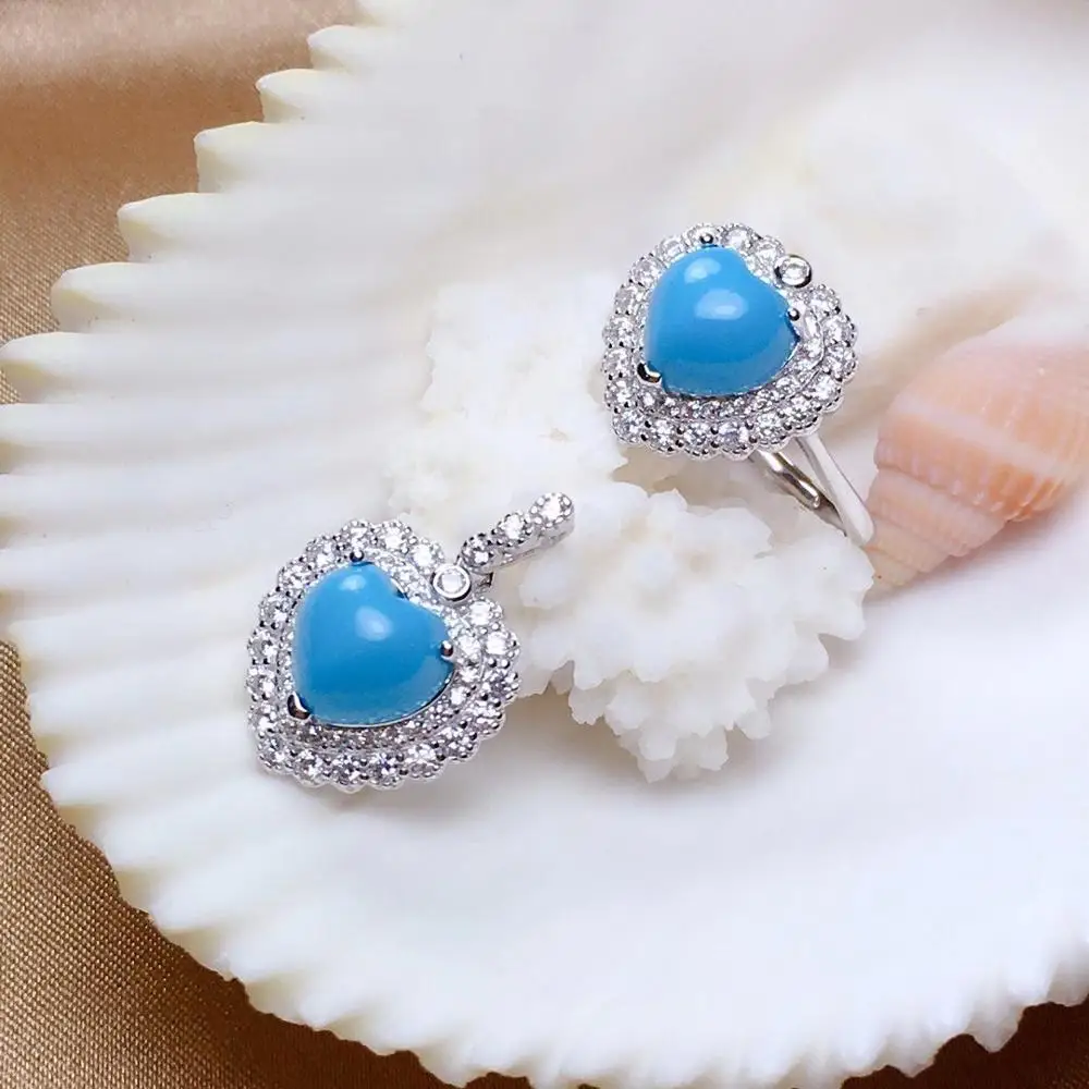 

Модные синие кольцо из бирюзы, состоящий из сережек и ожерелья набор украшений для женщин украшения Настоящее серебро 925 с сердцами из натурального камня, фестиваль подарок