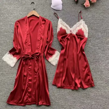 

Women Kimono Robe Gown Suit Satin Sexy V-Neck Nightdress Set Burgundy Nightwear Elegant Lace Trim Sleepwear Casual Home Dress