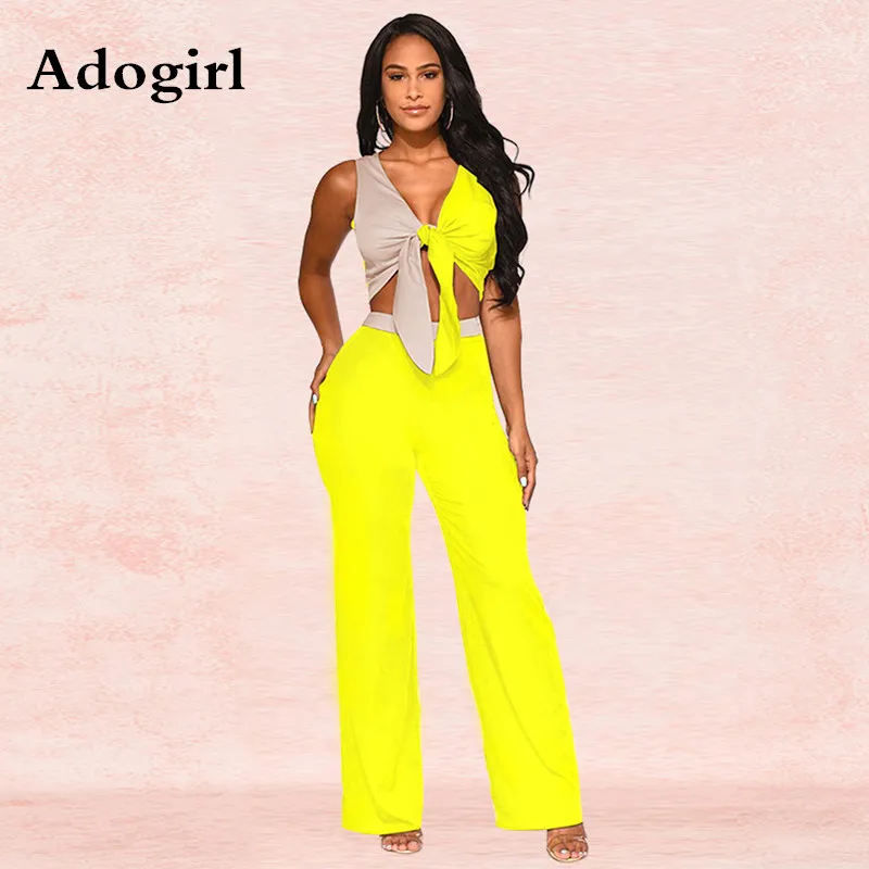 

Adogirl Color Patchwork Two Pieces Set Tie Up V-neck Spliced Tops Long Wide Pants Night Club Outfits Women Elegant Tracksuit