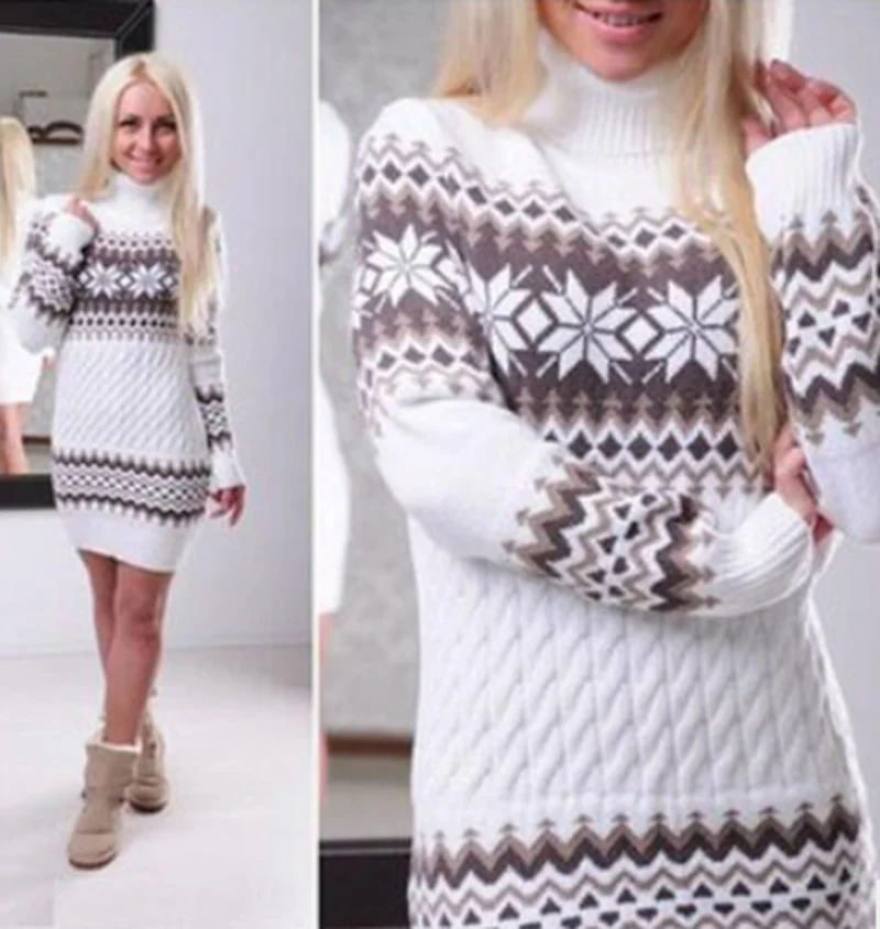 ZOGAA Long Sweater Women 2019 Winter Turtleneck Knitted Christmas Turn-down Collar Printed Pullovers Female Jumpers | Женская одежда