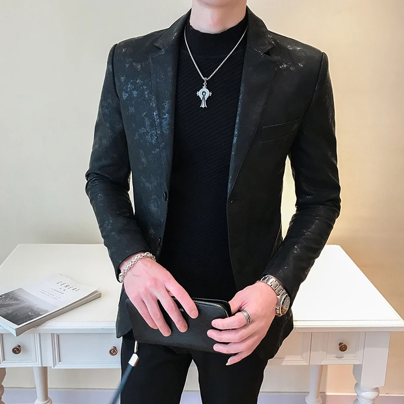 

Korean Suit Coat Slim Fit Blazer Hombre PU Leather Jacket Fashion Prom Blazers For Men Business 2020 Autumn Terno Masculino