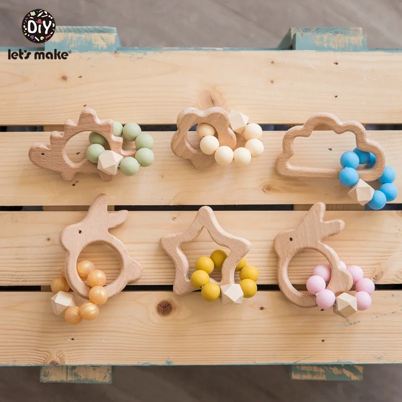 

Let's Make 6pc/set Silicone Baby Teether Toys Hanging Crib Mobile Wooden Teething Animal Tiny Rodent Baby Toy Rattles