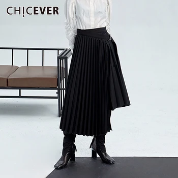 

CHICEVER Pleated Skirt For Women Tunic High Waist Lace Up Casual Asymmetric Summer Midi Skirts Female 2020 Fashion New Clothes