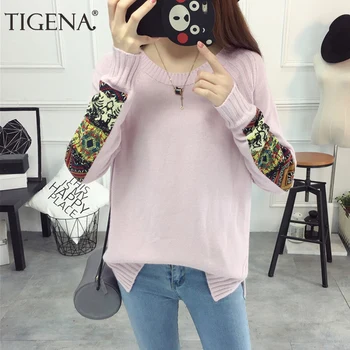 

TIGENA Fashion Appliques Pullover Sweater Women 2019 Autumn Winter Long Sleeve Knitted Sweater Female Jumper Ladies Pink Yellow