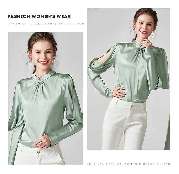 SuyaDream Spring Women Silk Blouses 16mm Silk Satin Long Sleeves Stand Collar Blouse Shirt