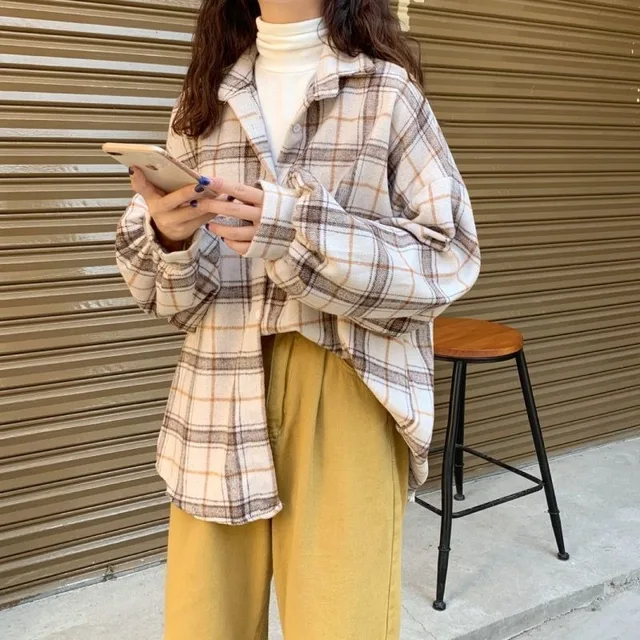 Women Plaid Warm Shirt Female Jacket Checked Coat Casual Turn down Collar Long Sleeve Autumn Blouse