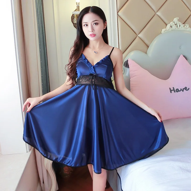 Silk Satin Night Dress Women Lace Full Slip Nightgown Lenceria Sexy Plus Size Backless Sleepwear Women Breathable Nuisette Femme