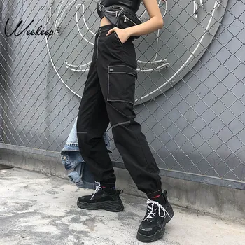 

2020 Sexy Women Pockets Patchwork Cargo Pants Black High Waist Trousers Women Streetwear Pleated Pencil Pants