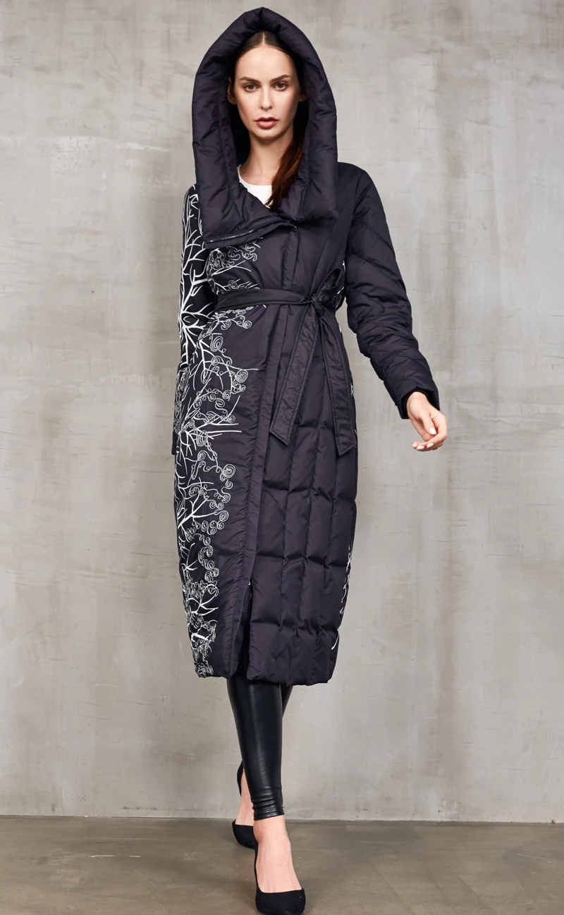 Высококлассный бренд, Европейская мода, стиль, зимнее женское пуховое пальто с капюшоном и поясом