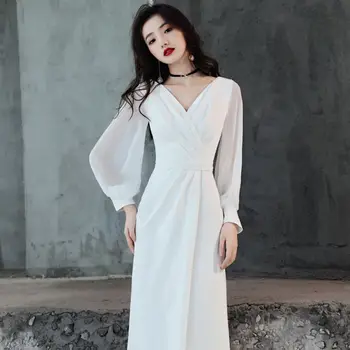 

Pure White Long Cheongsam Noble Women Annual Meeting Dress V-Neck Qipao Vestidos Elegant Fashion Slim Clothing Plus Size XXXL