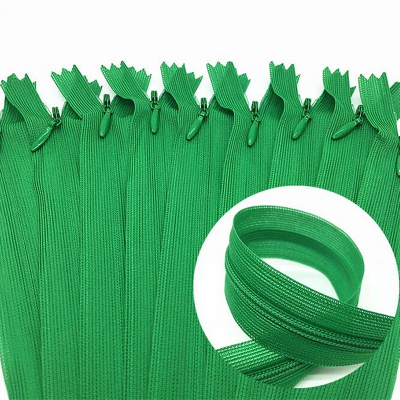 

10pcs 3# green 28cm/30cm/40cm/50cm/60cm nylon invisible soft tulle coil Chiffon zipper sewing Silk Zippers