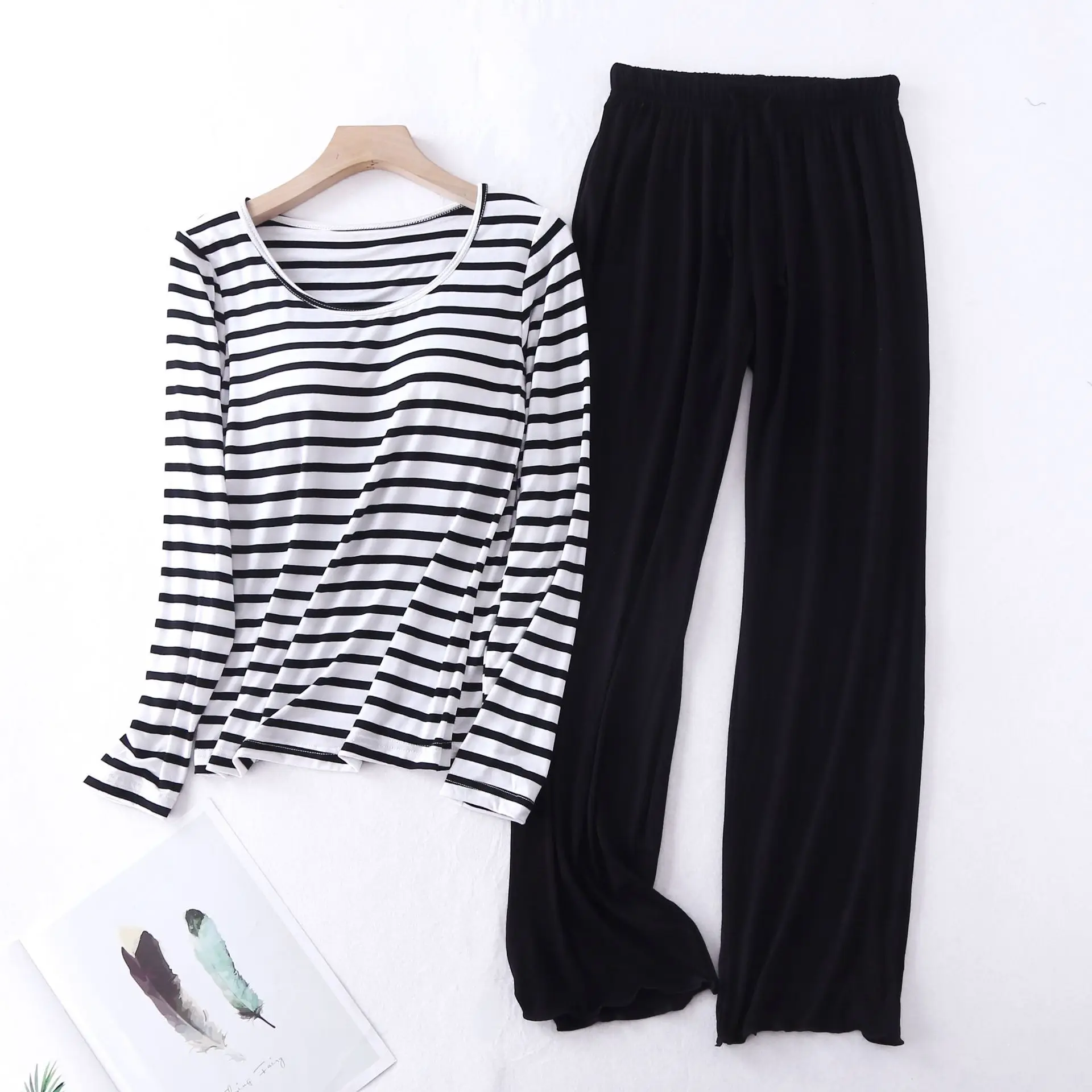 Bresdk Pyjama dames lang katoen lange mouwen geruit pyjama broek lounge set nachtkleding met manchetten, zwart, geruit, S