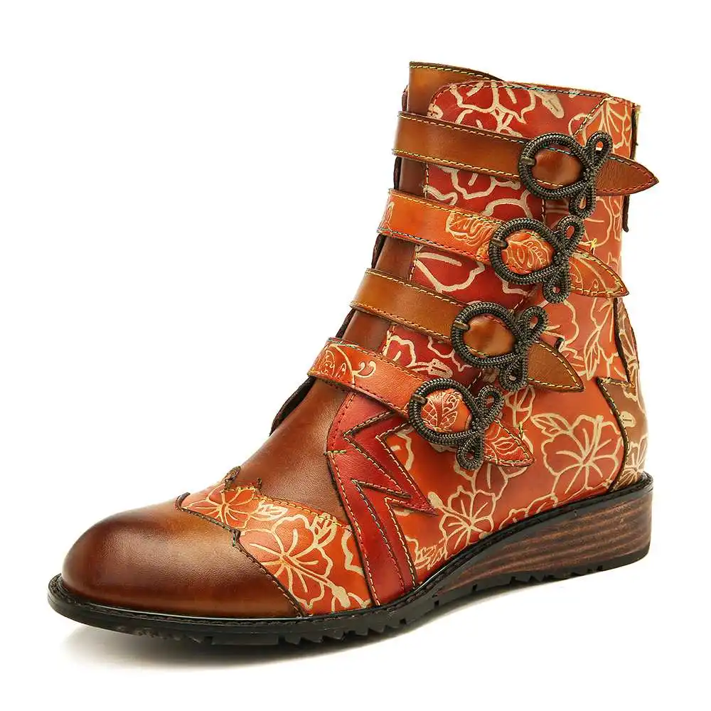 SOCOFY/ботинки из натуральной кожи на молнии в стиле ретро с тиснением, неравномерной строчкой, металлическая пряжка с узлом-бабочкой женская обувь - Цвет: Оранжевый