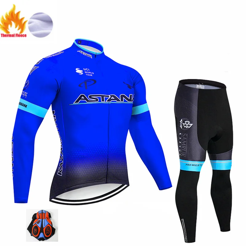 Winter Cycling set Флуоресцентная команда Астаны зимний термальный флис Велоспорт Джерси велосипед брюки набор Мужские Ropa Ciclismo велосипедный майон Culotte одежда - Цвет: Winter Cycling set