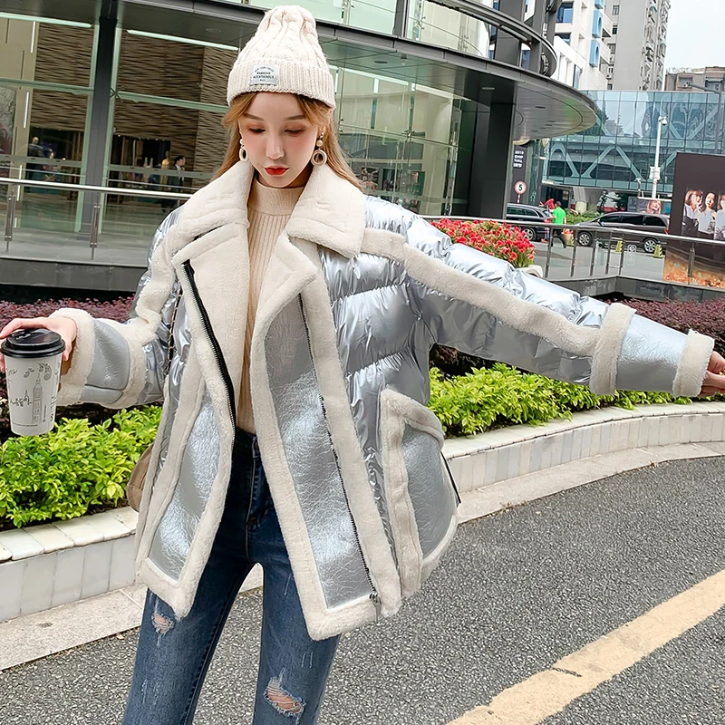 Ly Varey Lin, зимняя куртка из искусственной овечьей шерсти, искусственная мягкая кожаная куртка, пальто для женщин, толстая мотоциклетная куртка на молнии, глянцевая Серебристая верхняя одежда