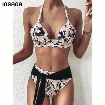 

INGAGA High Waist Bikini Set Swimsuits Push Up Swimwear Women Sexy Halter Biquini New Leopard Bathing Suit Bandage Bow Swim Suit