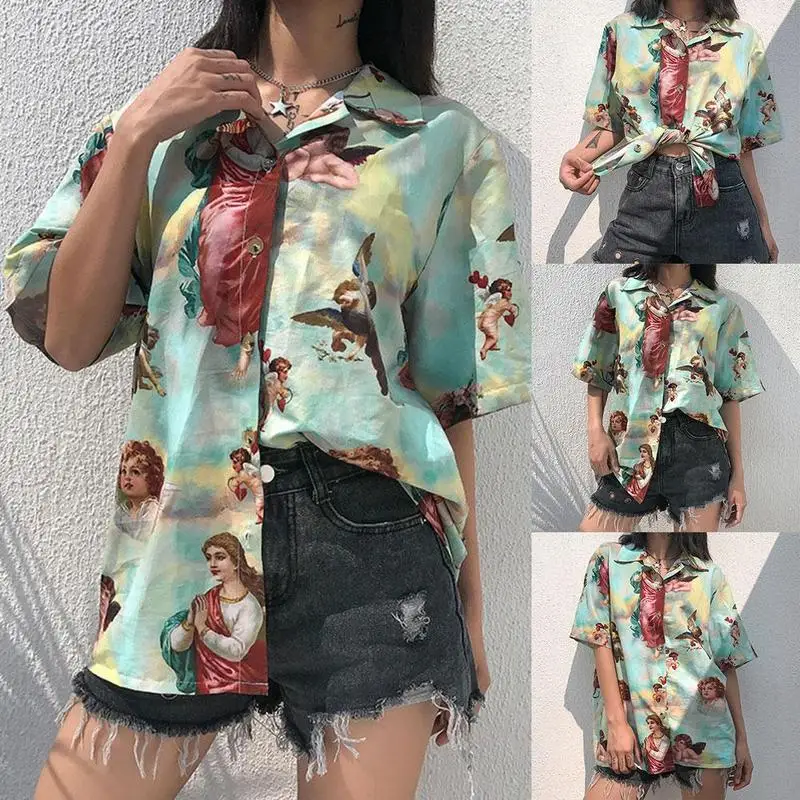 

Modern Retro Angel Print Blouse Loose Slim Street Dress Women's Summer Retro Print Shirt Ladies Office Shirt