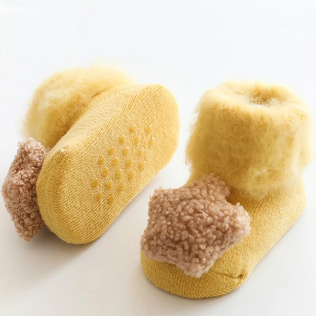 Cute Baby Socks Stereo Doll Socks Autumn Winter Mid Stocks Velvet Thickening Brush Furry Newborn Floor Socks 0-18 months yellow