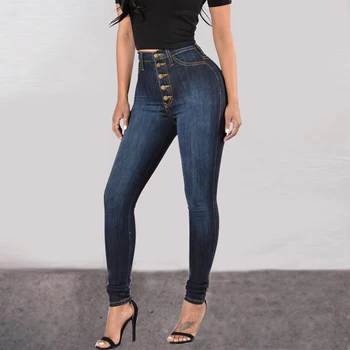 

Button Fly High Waist Jeans Woman Slim Skinny Jeans Pencil Pants Push Up Jeans Pnats Fashion Denim Trousers Plus Size Jeans