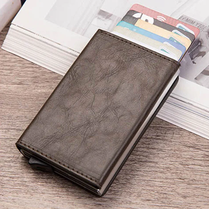 Анти Rfid id Card Holder Чехол для мужчин кожаный металлический кошелек мужской кошелек для монет женский мини карбоновый держатель для кредитных карт на молнии - Цвет: Coffee