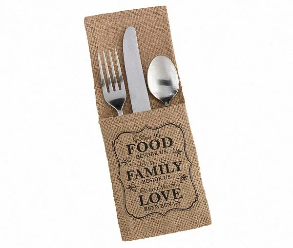 

Free Shipping 100pcs/Lot "FOOD FAMILY LOVE" Burlap Silverware Holders Rustic Wedding Reception Table Decoration Cutlery Pockets