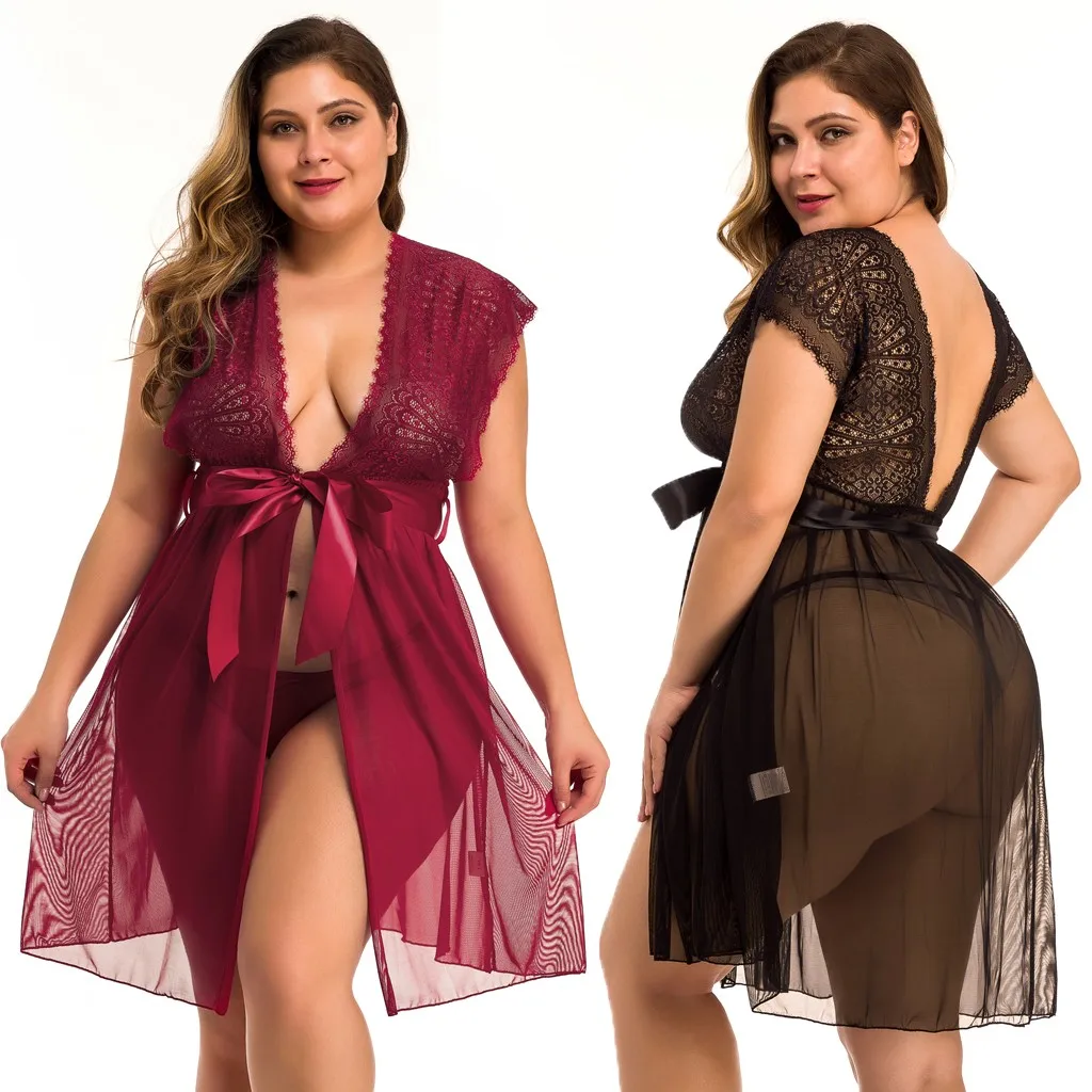 

Sexy Sleepwear Lace up V-Neck Backless Dress Mesh Lingerie With G string Plus Size Women Perspective Sexy Costumes