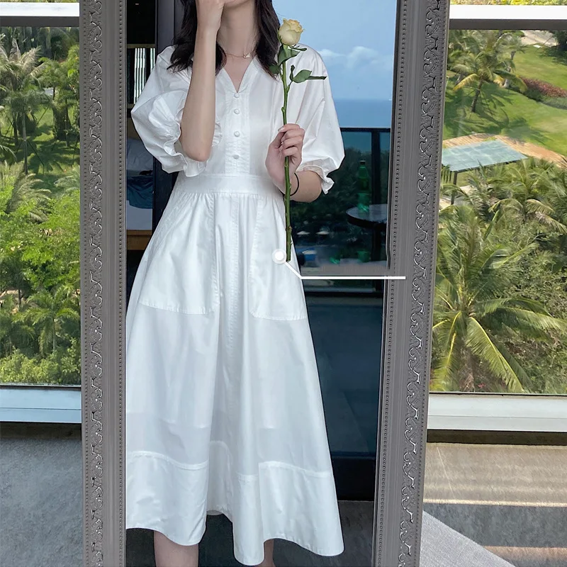 red same dress women's summer V-neck bubble sleeve fashion new thin temperament long A-line trend | Женская одежда