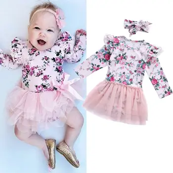 

Pudcoco Baby Girls Clothes Long Sleeve Floral Lace Tulle Romper Dress+Headband Toddler Infant Spring Outfits 1-2Y
