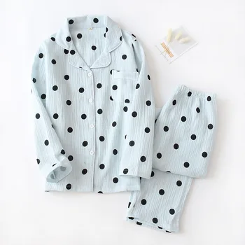 

Spring and Summer Autumn Cotton Long-sleeved Tops with Trousers Pajamas Suit Women Polka Dot Printed Home Pj Set