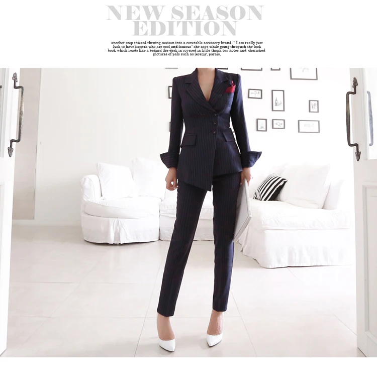 Women Fancy Striped Pants Suits Single Breasted Blazer Blazer and Slim Pencil Pants 2-Piece Set Women Business Suits