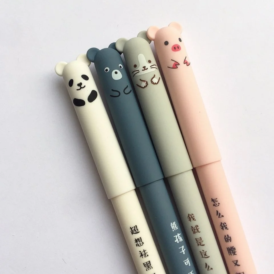 4Pcs/set Kawaii Pig Bear Cat Mouse Erasable Gel Pen School Office Supplies Stationery Gift 0.35mm Blue Black Ink Free Eraser