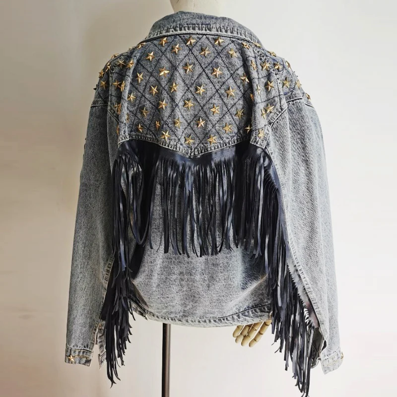 

TEELYNN Fringe Denim Jacket Vintage Star Rivets Long Sleeve Autumn Jeans Jackets For Women Coats Fall 2021 Boho Hippie Outwear