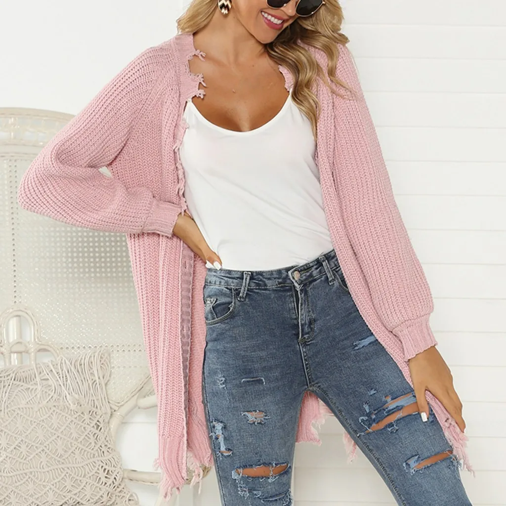 

2019 Autumn Winter Fashion Women Long Sleeve Loose Knitting Cardigan Pink Hole Sweater Women Knitted Female Cardigan Femme