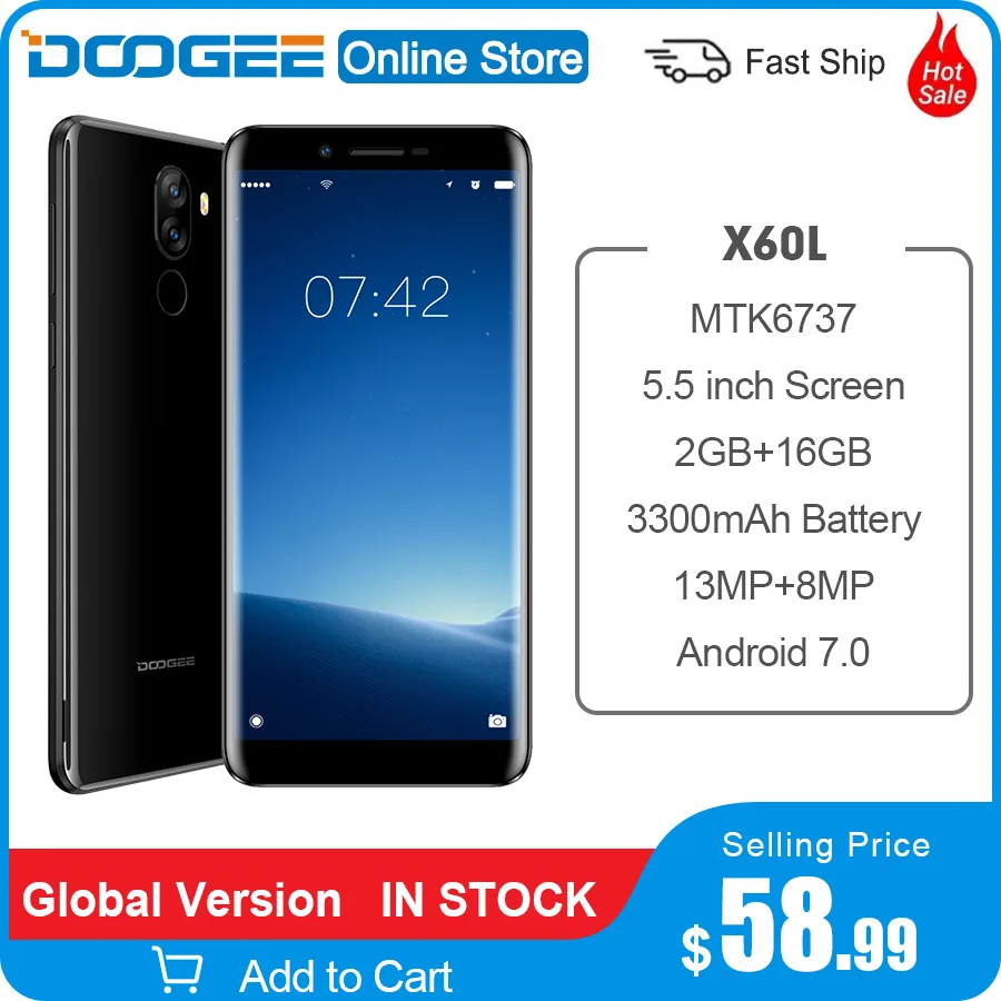 DOOGEE X60L смартфон с 5 дюймовым дисплеем процессором MTK6737 ОЗУ 2 Гб ПЗУ 16 7 0 мАч 13 МП + 8