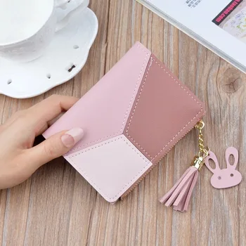 

Korean version of the new women's short wallet splicing color collision short wallet tassel zipper multi-card zero wallet