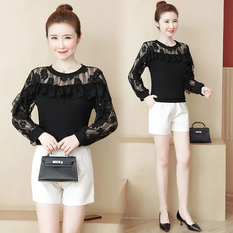

Large Size Dress Large GIRL'S 200 Autumn And Winter Lace Base Shirt Female Long Sleeved Cover Belly Slimming Tops